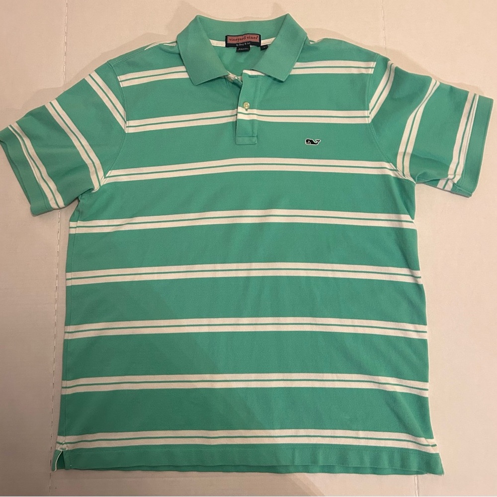 Vineyard Vines Men's Teal and White Striped Polo